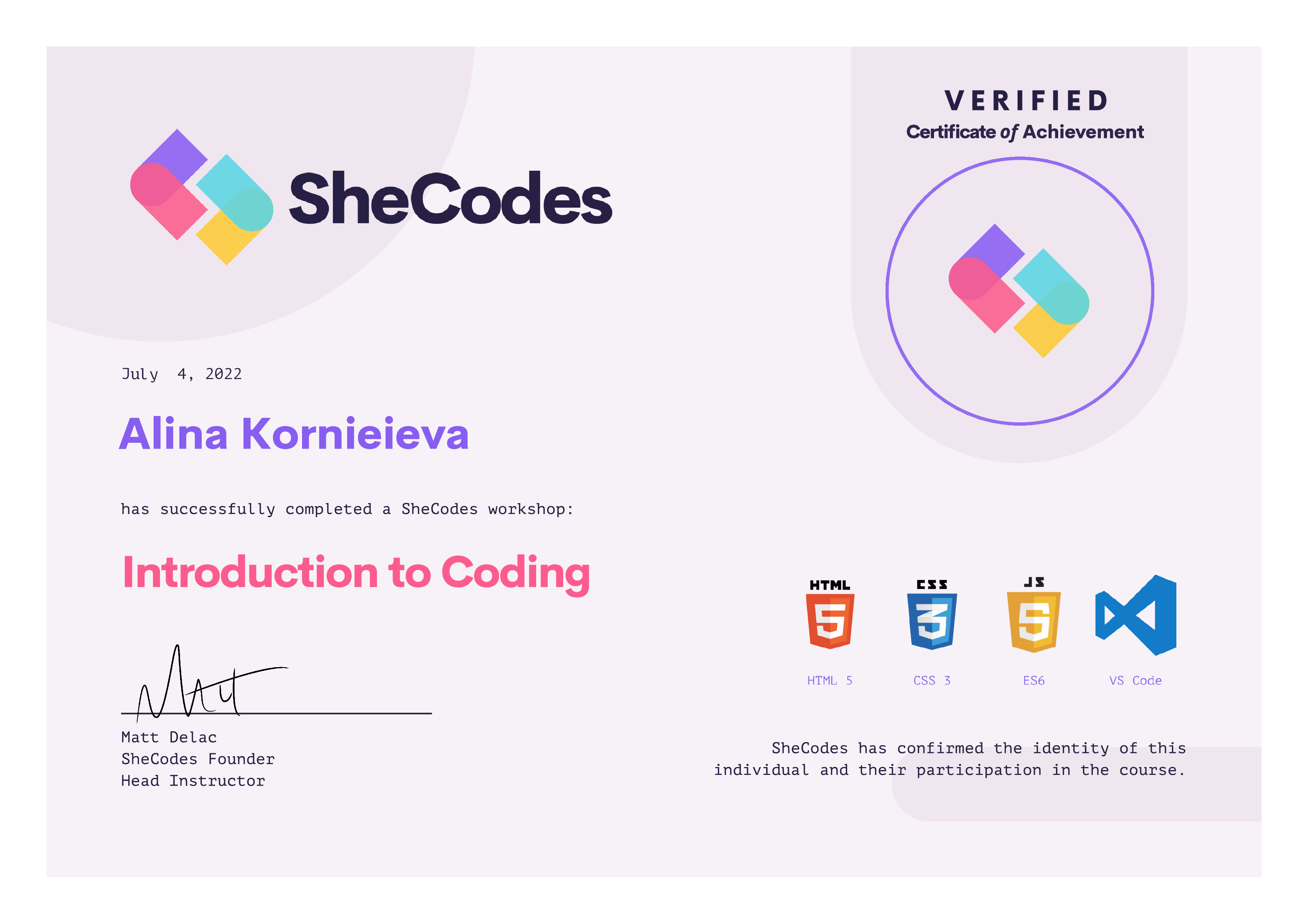 SheCodes Basics Certificate